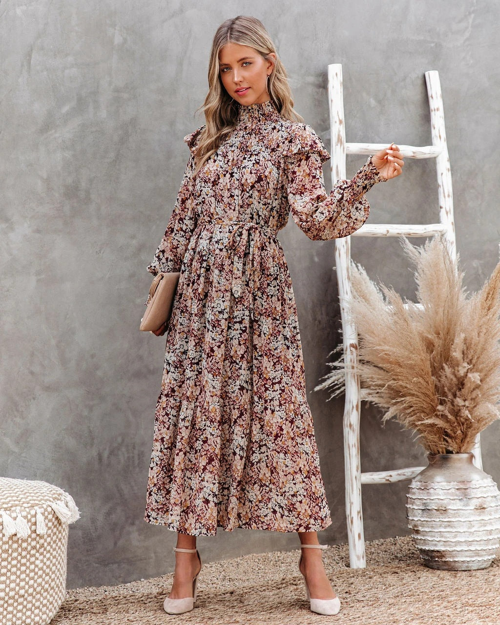 Floral Print High Neck Long Sleeve Tiered Midi Dress
