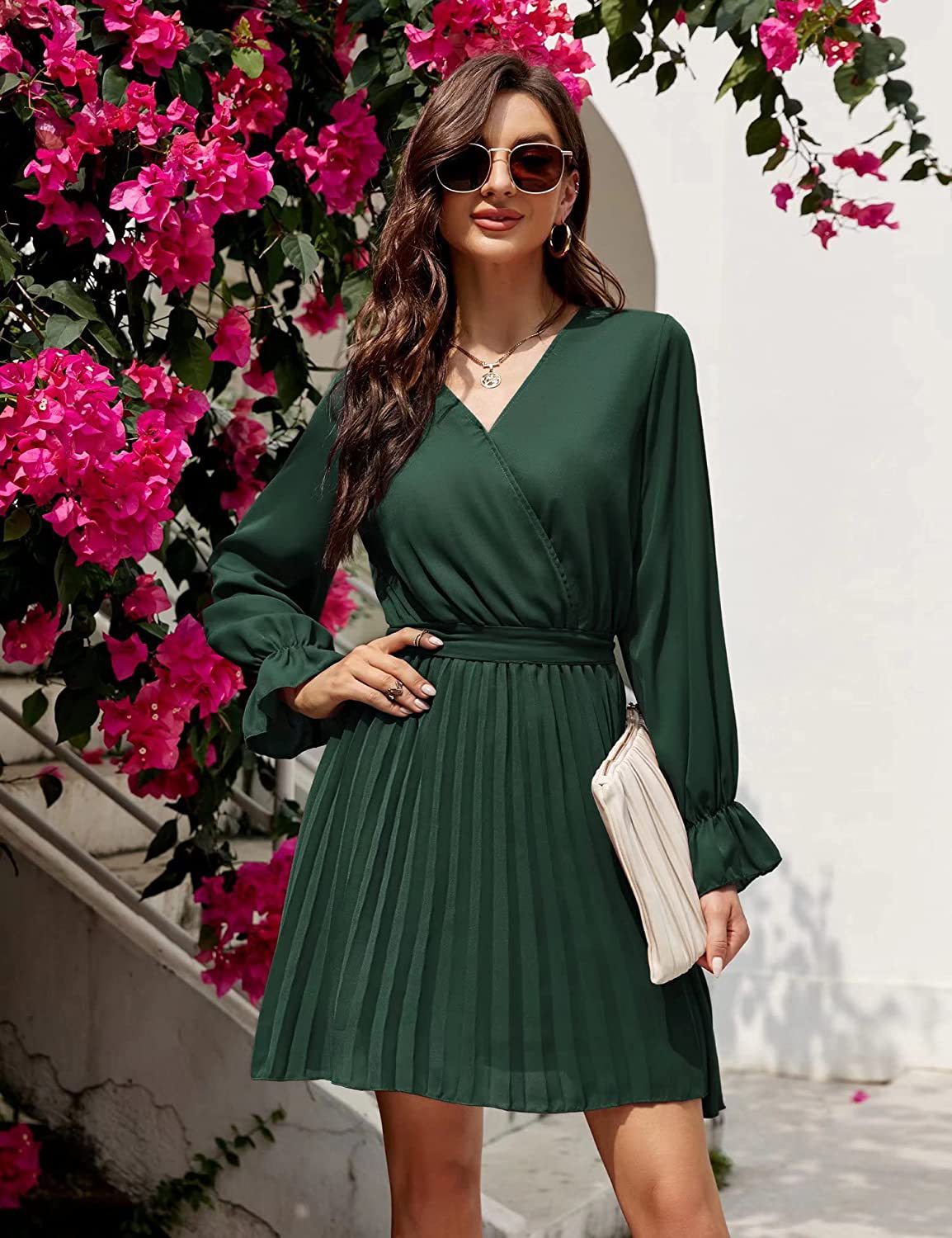 V-Neck Long Sleeve Pleated Fit & Flare Mini Dress