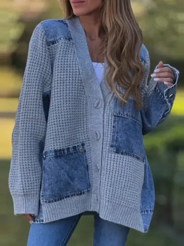 Stylish Denim Patchwork Knitted Loose Cardigan Jacket