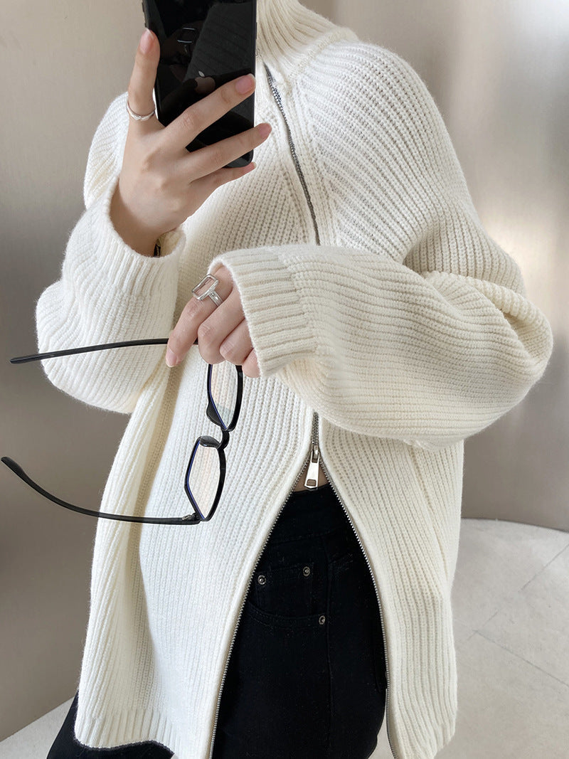 ShoptheCIC Solid Color Turtleneck Knit Sweater with Zip