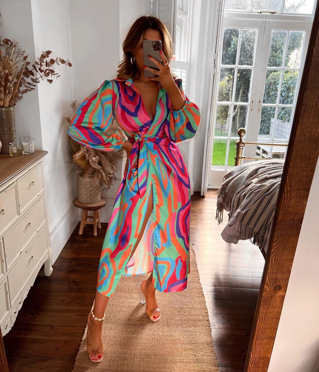 Swirl Print Collared Long Sleeve Wrap Midi Dress