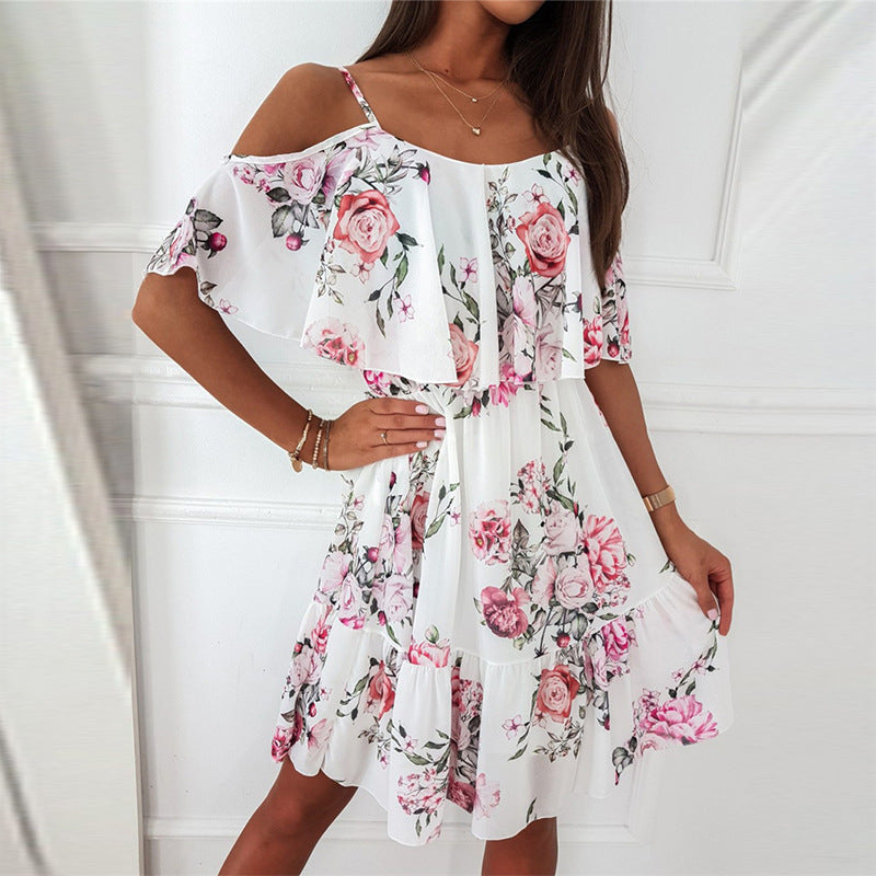 Floral Cold Shoulder Spaghetti Strap Ruffle Mini Dress 4