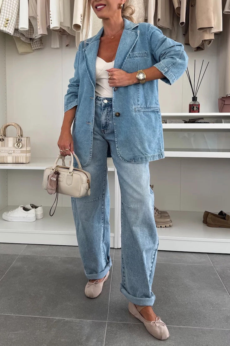 Stylish Loose Fit Washed Blue Denim Suit Jacket for All Occasions