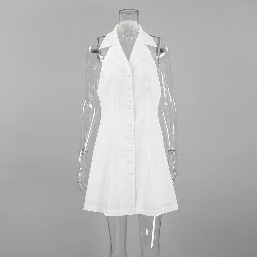 Linen Notch-Lapel Halter Button-Front Mini Dress 4