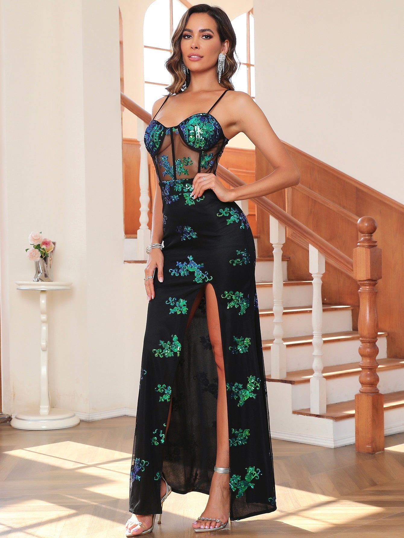 See Through Green Sequ Dress Party Evening Dress - Fashionpara