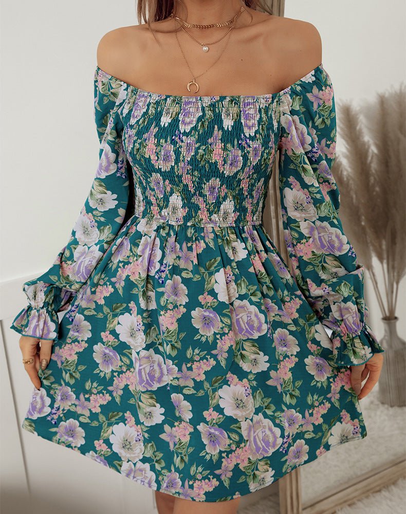 Floral Print Square Neck Long Sleeve Smocked Mini Dress