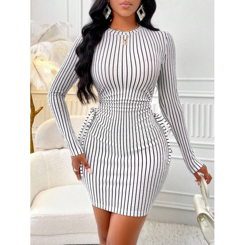 Pinstripe Long Sleeve Cut Out Ruched Side Tie Bodycon Mini Dress - View 6