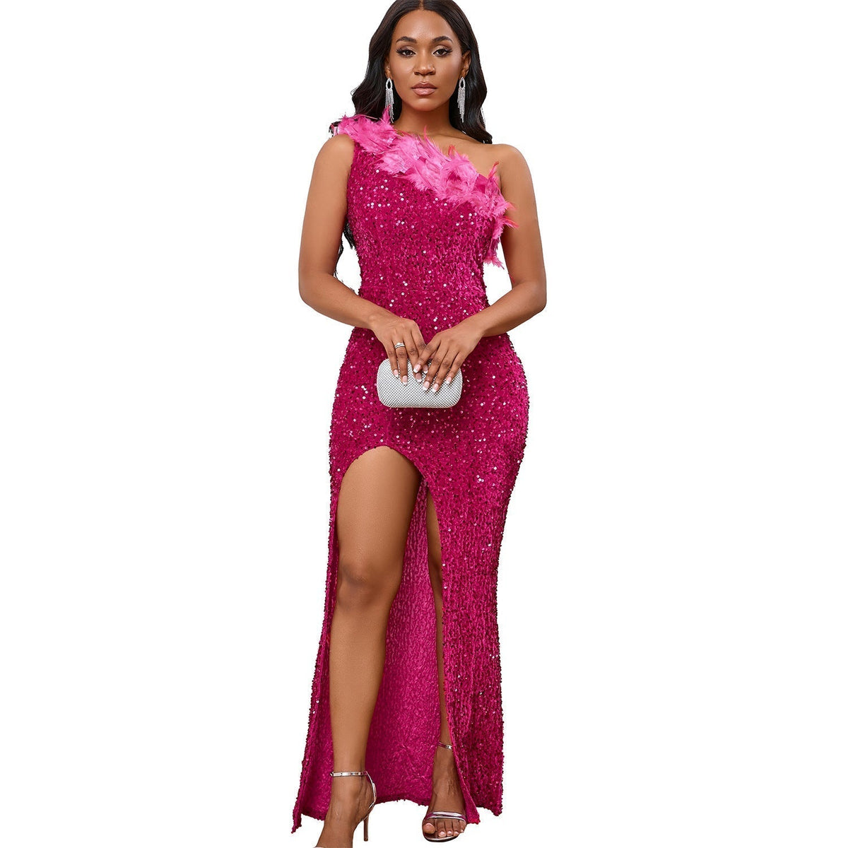 Sequin One Shoulder Bodycon High Split Midi Dress - View 11