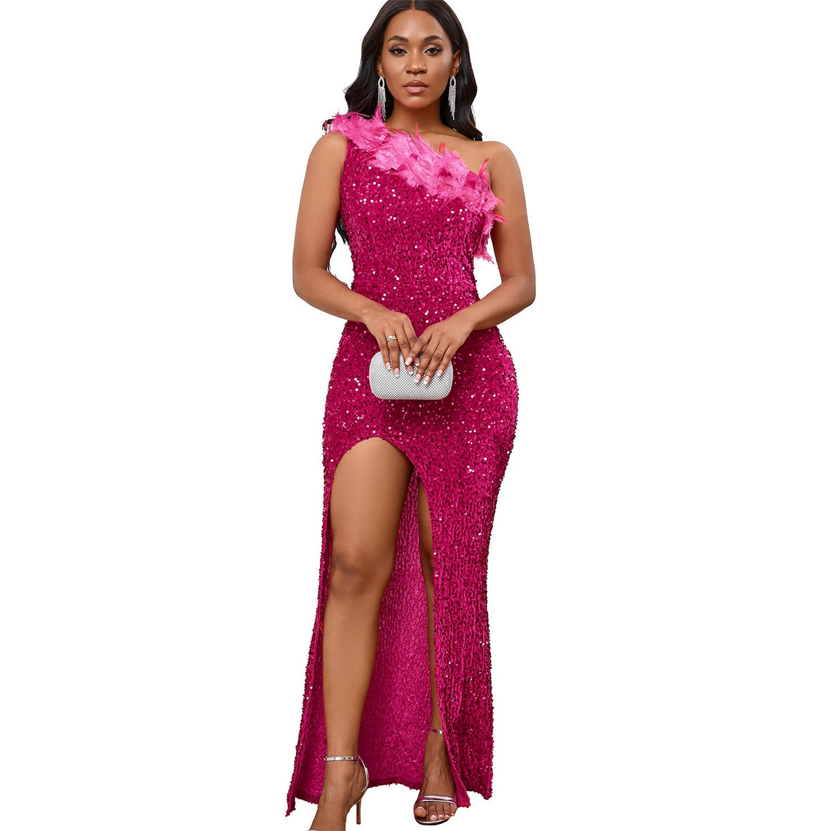 Sequin One-Shoulder Feather-Trim High-Slit Maxi Gown 11