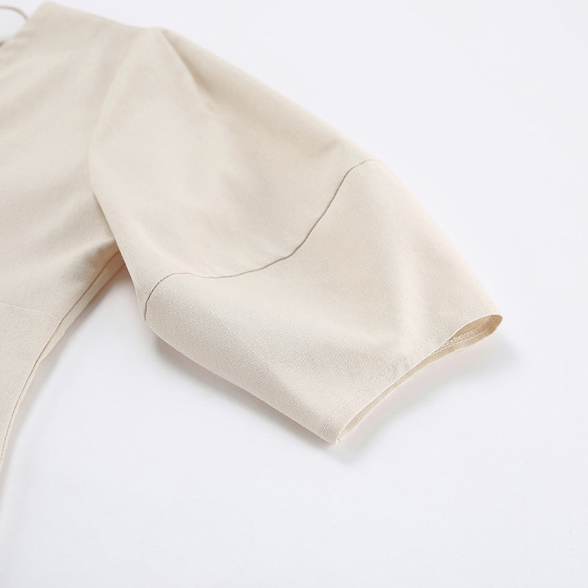 Linen V-Neck Button-Front Puff-Sleeve Midi Dress 20