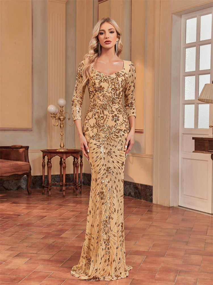 Sequin Scoop Neck Long Sleeve Mermaid Maxi Evening Dress - View 2