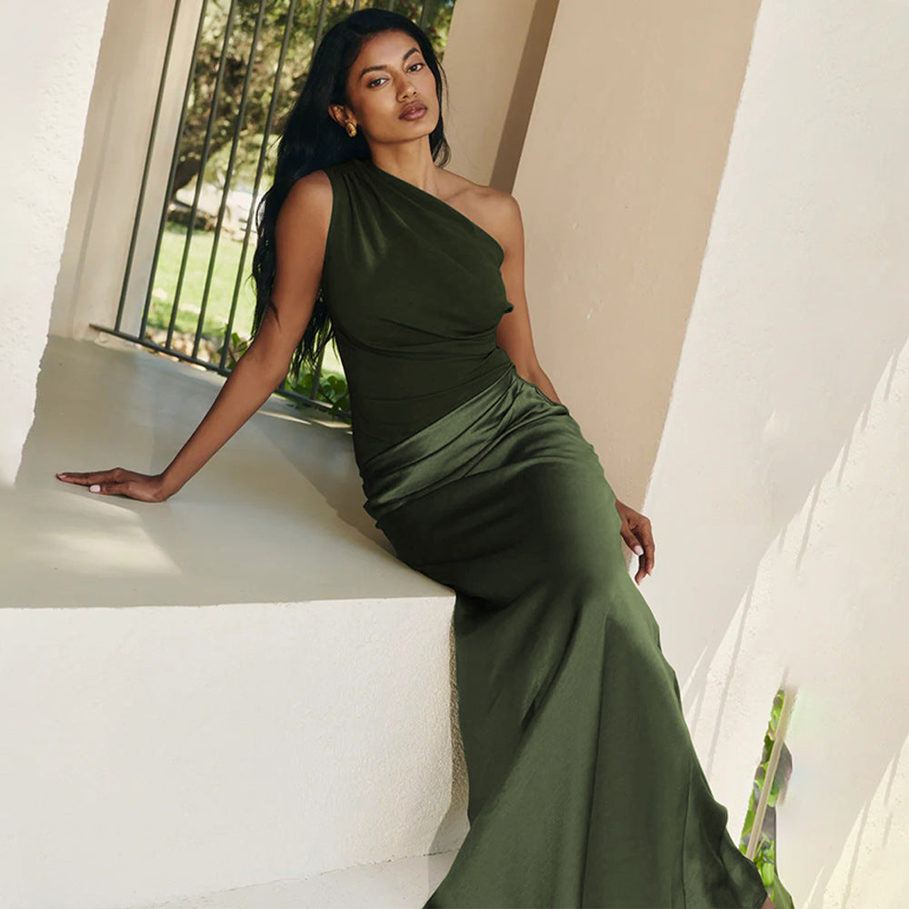 One-Shoulder Ruched Satin Bias Column Maxi Dress 2