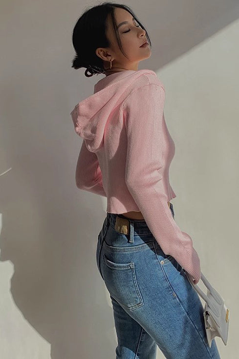 Rib-knit Zip Up Sweater Crop Top for Effortless Style