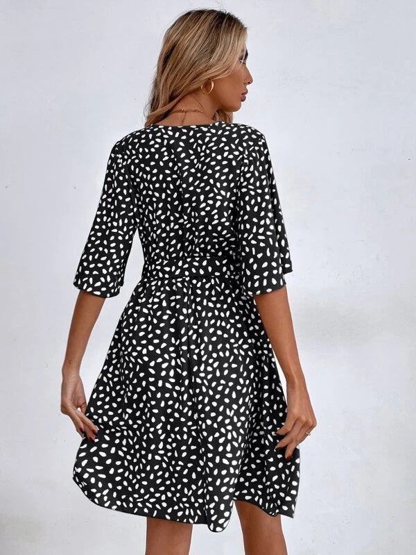 Printed V-Neck Flutter Sleeve Wrap Mini Dress