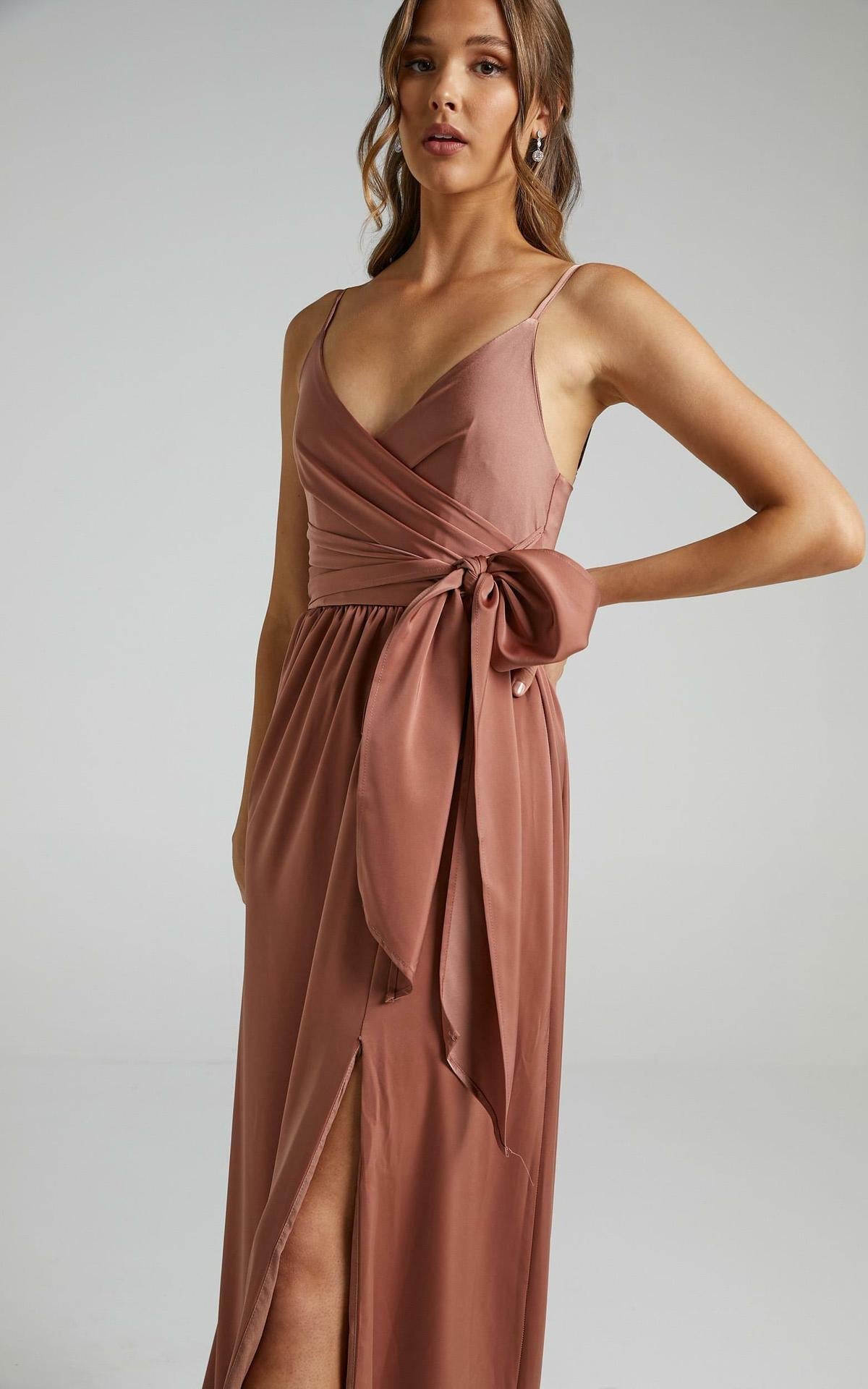 Satin V-Neck Spaghetti Strap Wrap Tie Maxi Dress 6