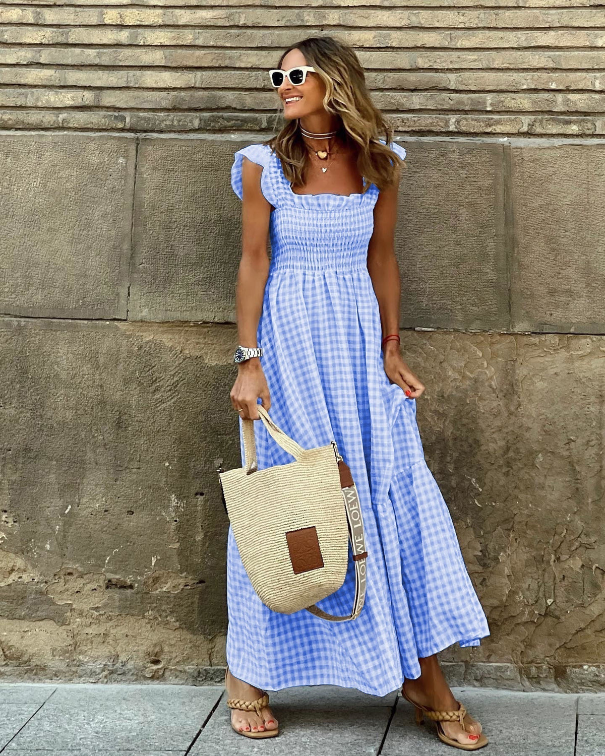 Gingham Square Neck Smocked Ruffle Strap Tiered Maxi Dress 2