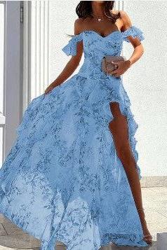 Floral Print Off-Shoulder Ruffle High Slit Maxi Gown 5
