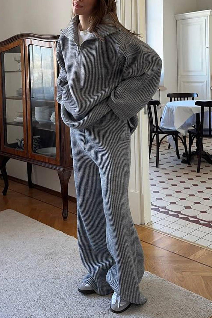 Cozy Lapel half-zip long-sleeved knit top and wide-leg pants set