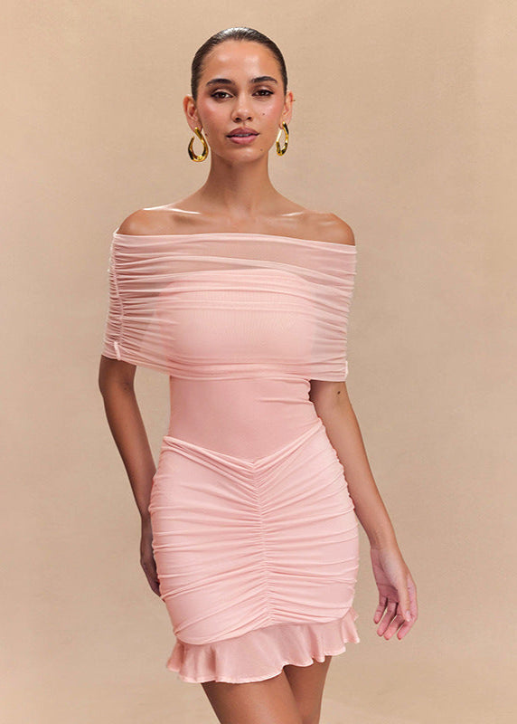 Off-Shoulder Mesh Ruched Mini Dress - View 3