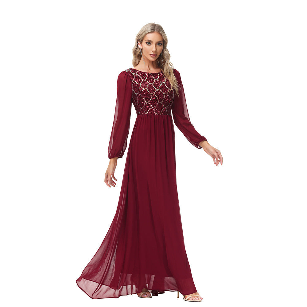 Sequin Round Neck Bishop Sleeve Chiffon A-Line Gown - View 4