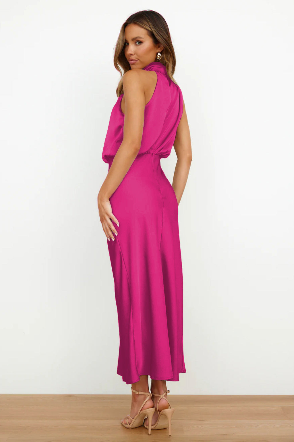 Halter Neck Blouson Bodice Sleeveless Bias Cut Midi Dress - View 8