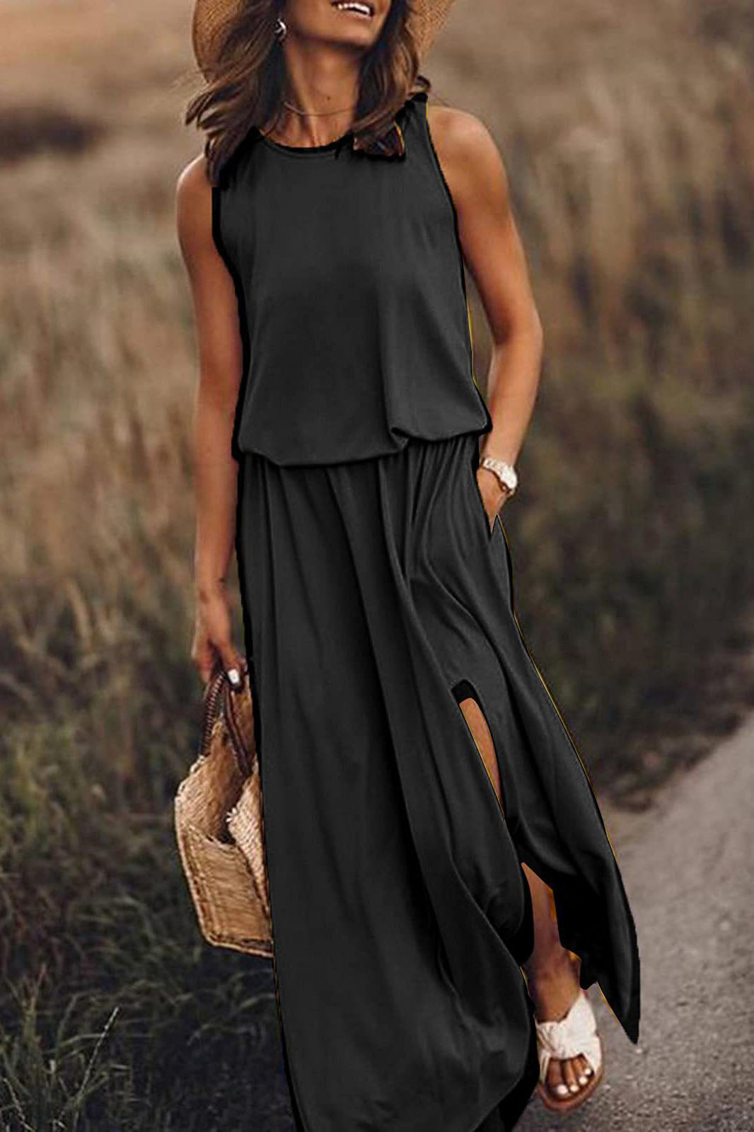 Round Neck Sleeveless Split Solid Maxi Dress