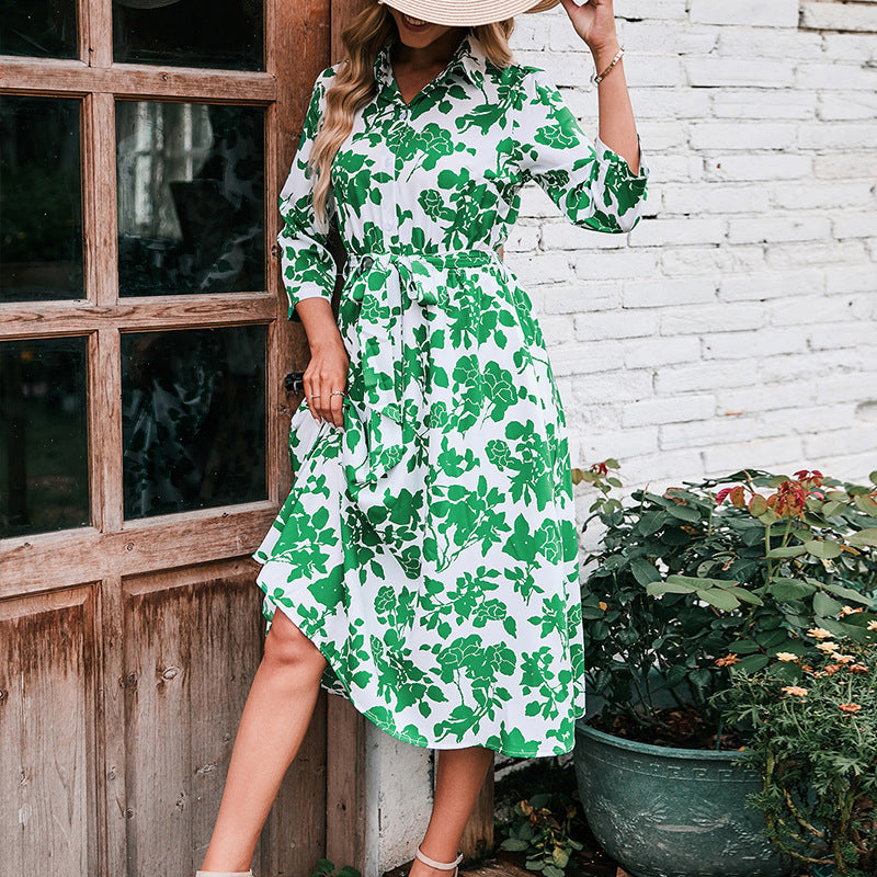 Floral Print Collared Long Sleeve Button Down Fit & Flare Midi Dress