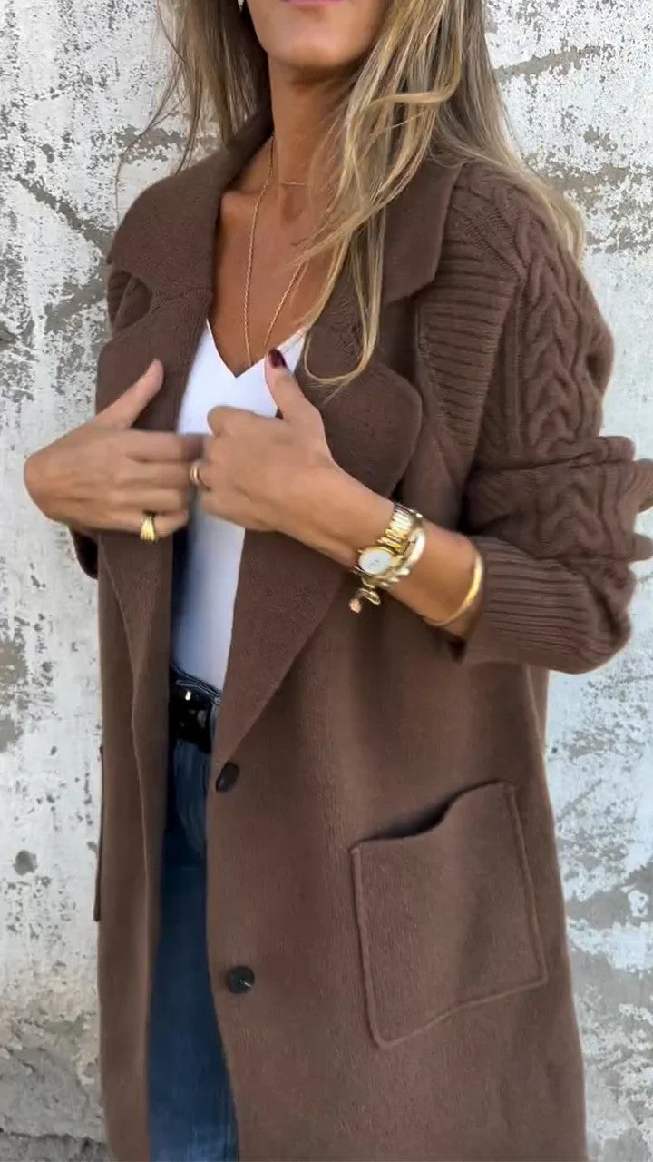 Lapel Cable-Knit Sleeves Long Knitted Coat for Cozy Elegance