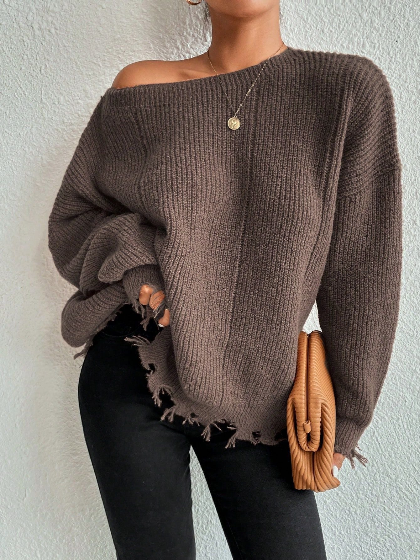 ShoptheCIC Loose Knit Ripped Design Round Neck Sweater