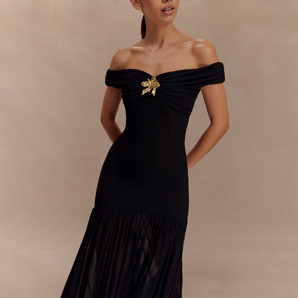 Off-Shoulder Brooch-Detail Pleated-Hem Maxi Dress