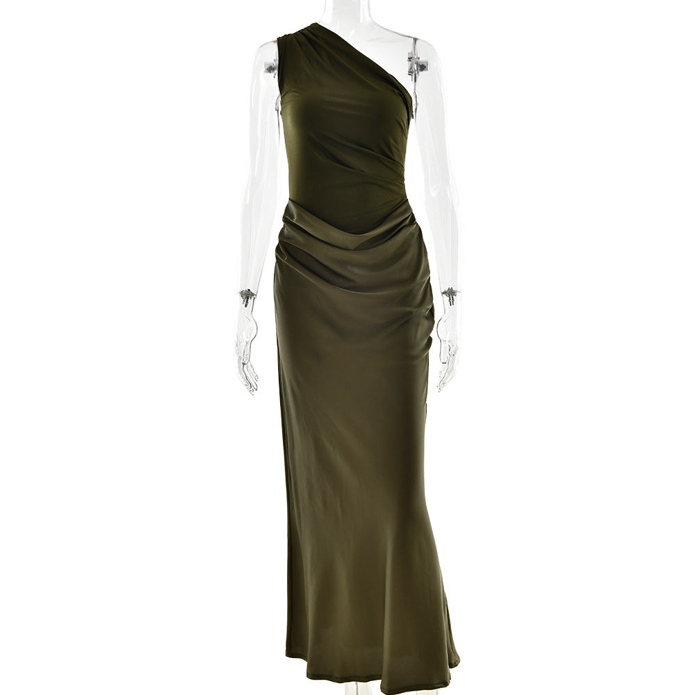 One-Shoulder Ruched Satin Bias Column Maxi Dress 4