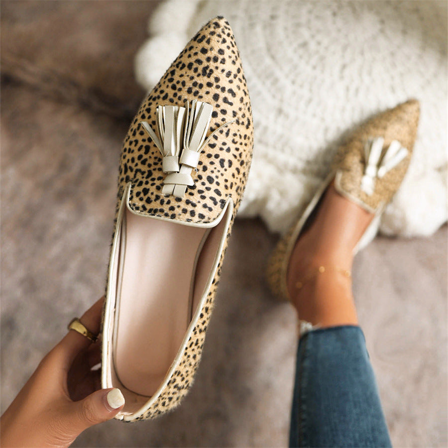 Pointed-toe Fringe Leopard Contrast Mules - Fashionpara