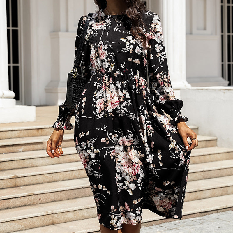 Floral Print Round Neck Long Sleeve Tiered Midi Dress