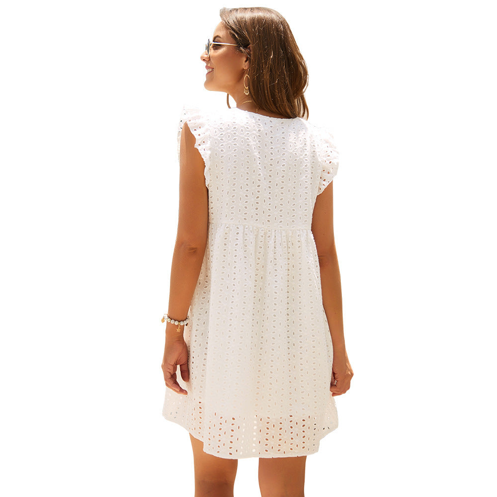 Eyelet V-Neck Ruffle Sleeve Babydoll Mini Dress