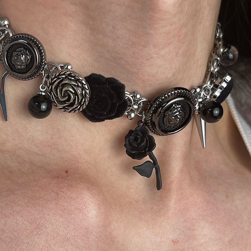 Thorn Rose Punk Velvet Button Unique Heavy Work Necklace Black Halloween
