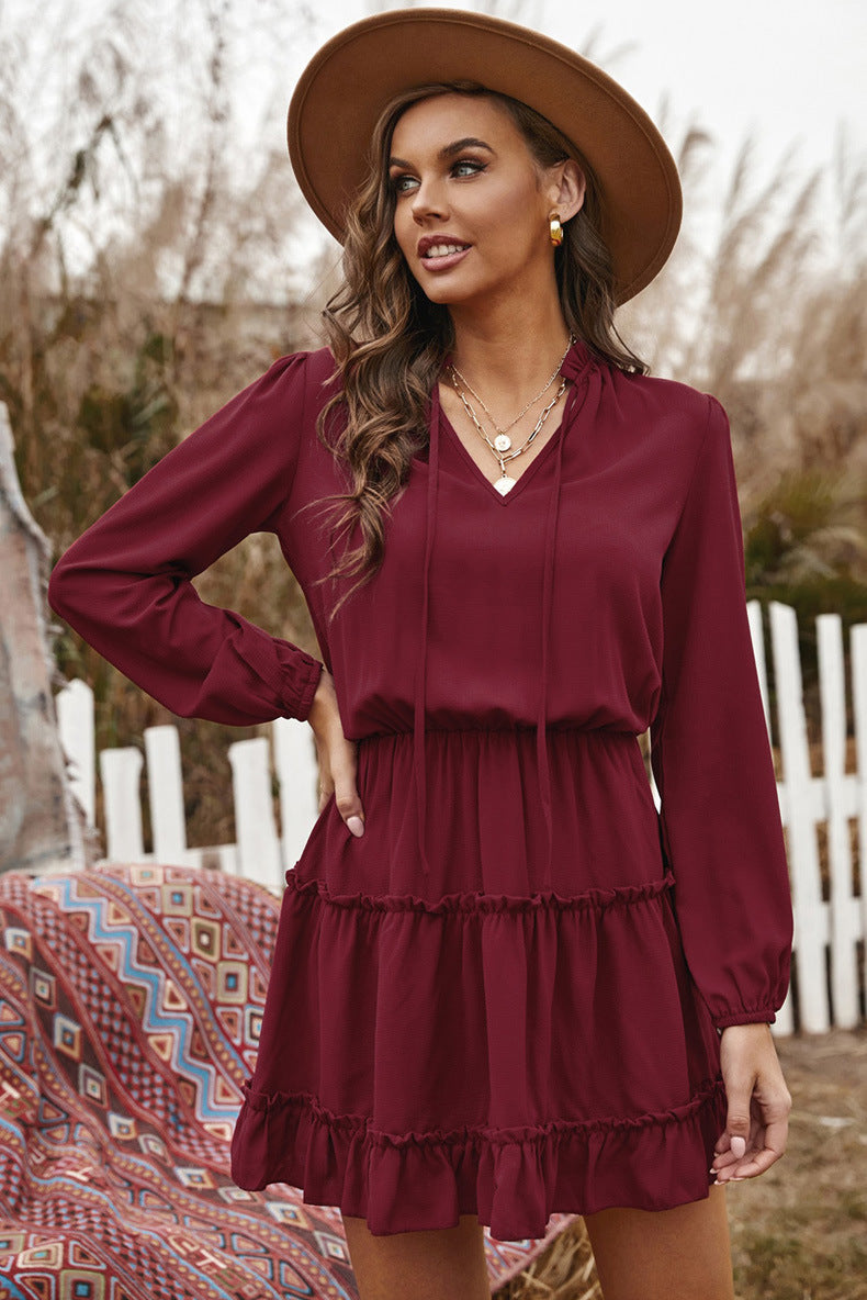 V-Neck Tie Neck Long Sleeve Ruffle Tiered Mini Dress