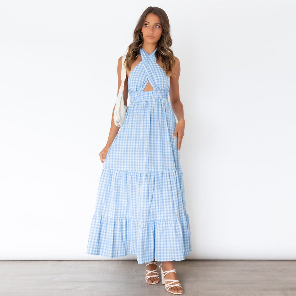 Gingham Halter Neck Cutout Tiered Maxi Dress 5