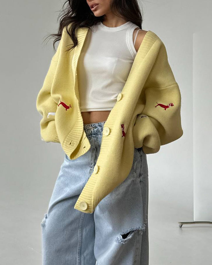 Single-breasted dachshund embroidered loose knit jacket