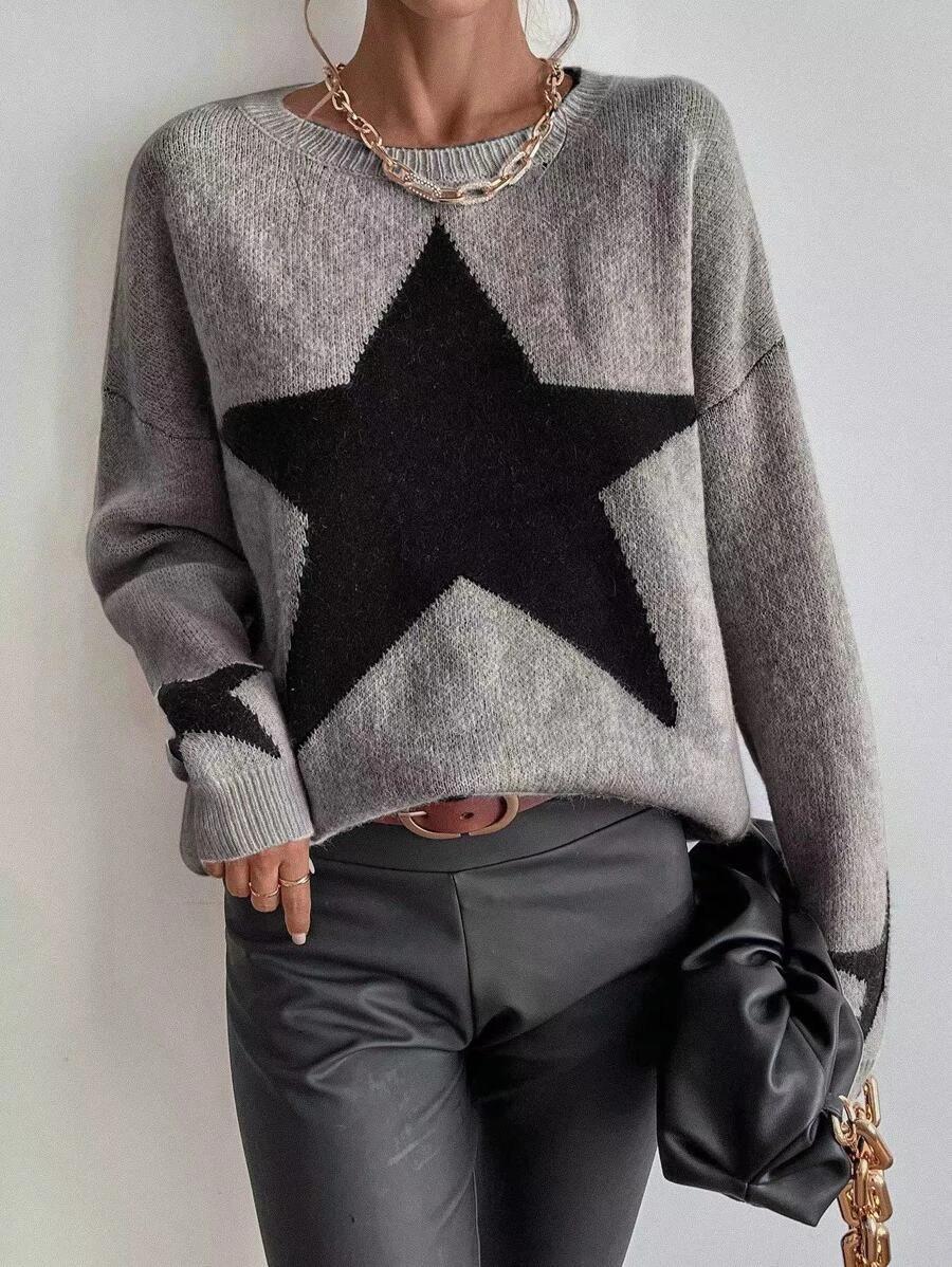 ShoptheCIC Big Stars Crew Neck Sweater for Everyday Style
