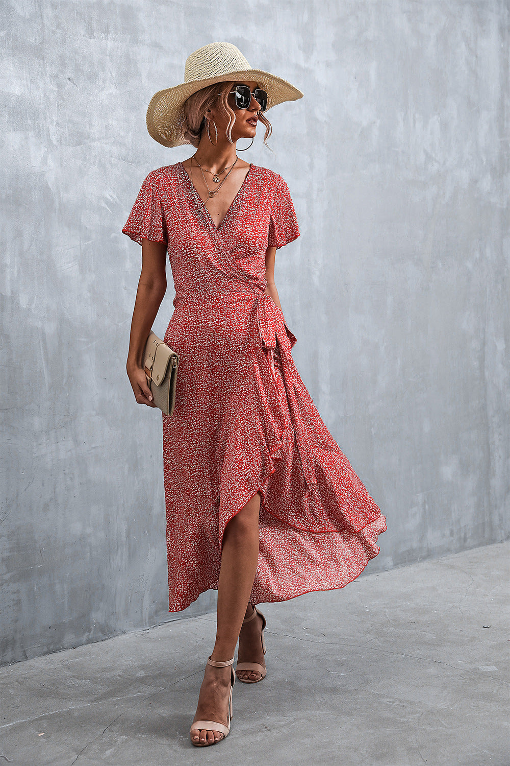 Floral Print V-Neck Short Sleeve Ruffle Wrap Maxi Dress