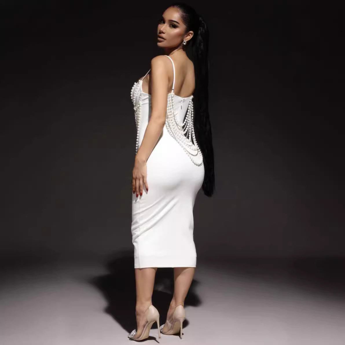 Pearl Embellished Cutout Bodycon Midi Dress