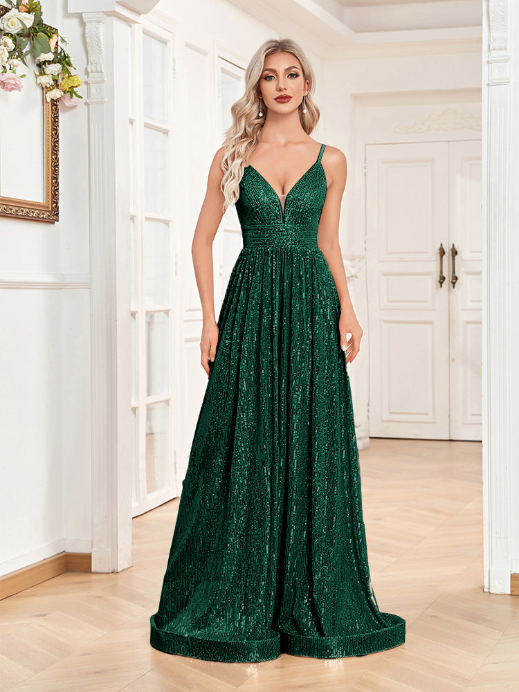 Sequined Backless Evening Dress Deep V Plunge neck Bridesmaid Dress Party Formal Dress Cocktail - Fashionpara