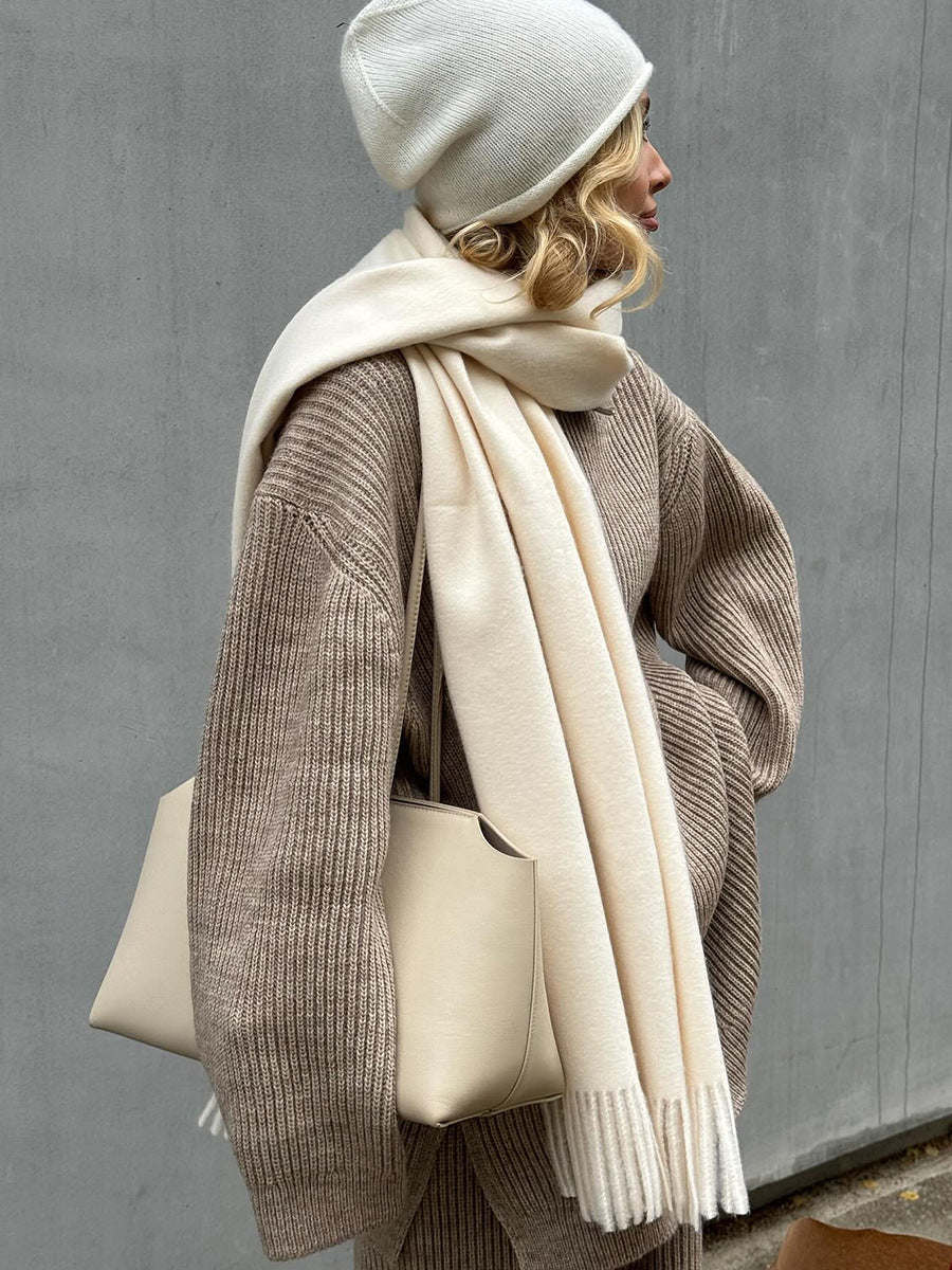 Cozy Lapel half-zip long-sleeved knit top and wide-leg pants set