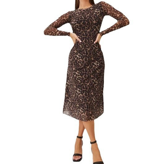 Leopard Print Mesh Long Sleeve Bodycon Midi Dress