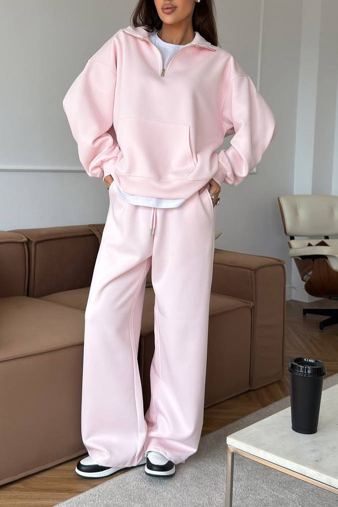 Zippered Half-High Collar Pullover and Wide-Leg Pants Set