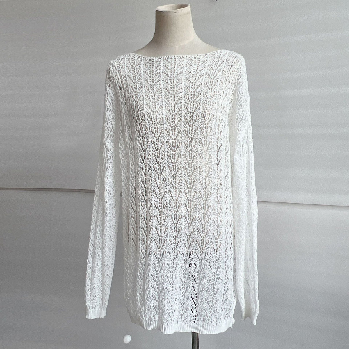 Crochet Open Knit Boat Neck Long Sleeve Beach Cover Up Mini Dress - View 4