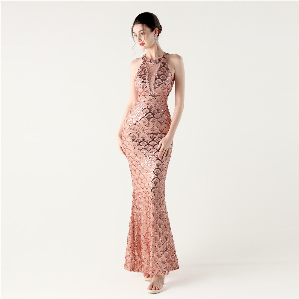 Sequin Halter Neck Backless Mermaid Maxi Evening Gown - View 7