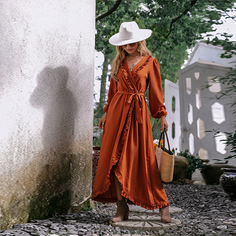 V-Neck Wrap Long Sleeve Ruffle Trim Maxi Dress