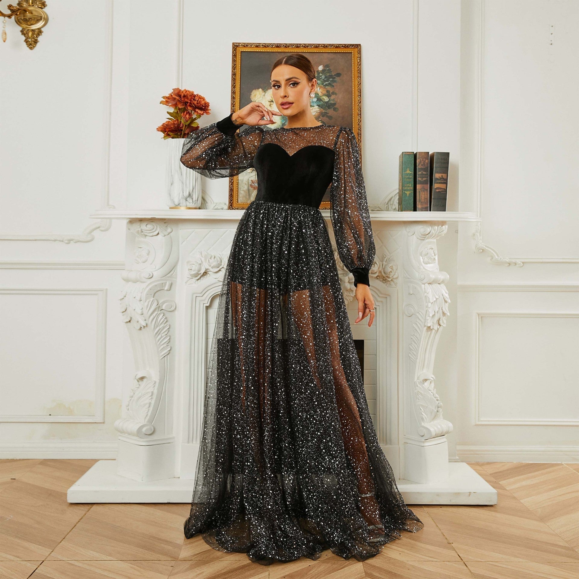 Long Sleeved round Neck Cocktail Sequin Gauze Large Swing Evening Dress Bridesmaid - Fashionpara