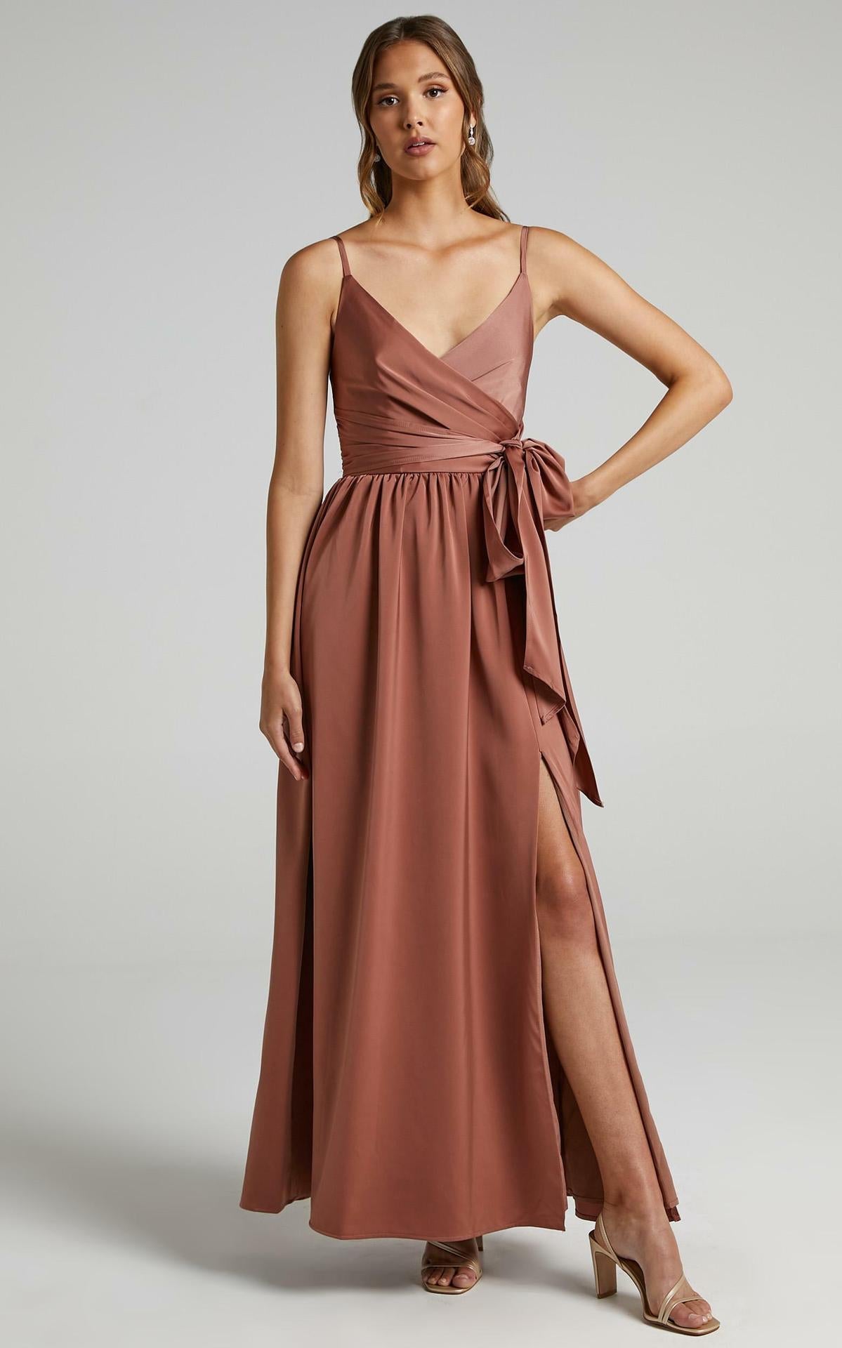 Satin V-Neck Spaghetti Strap Wrap Tie Maxi Dress 7
